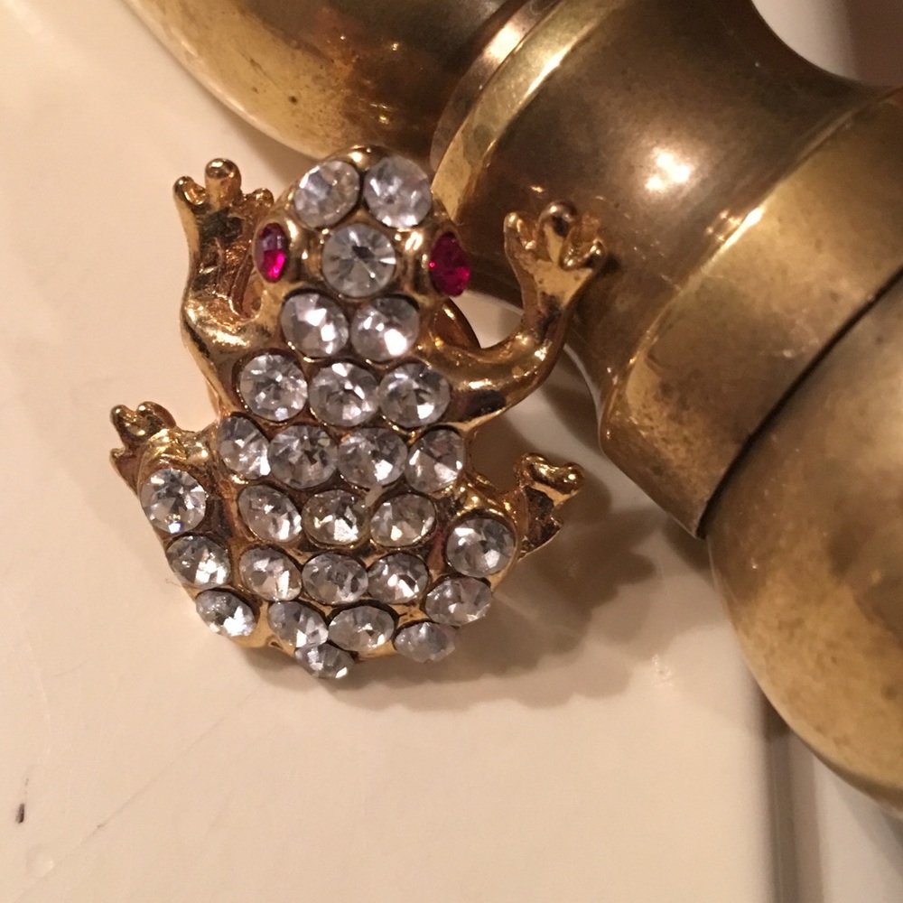 Gold Crystal Frog Pin w/ Red Eyes, Super Cute!